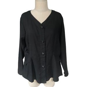 Flax Linen Black Long Sleeve Lagenlook Button Down Peplum Top with Pockets Small